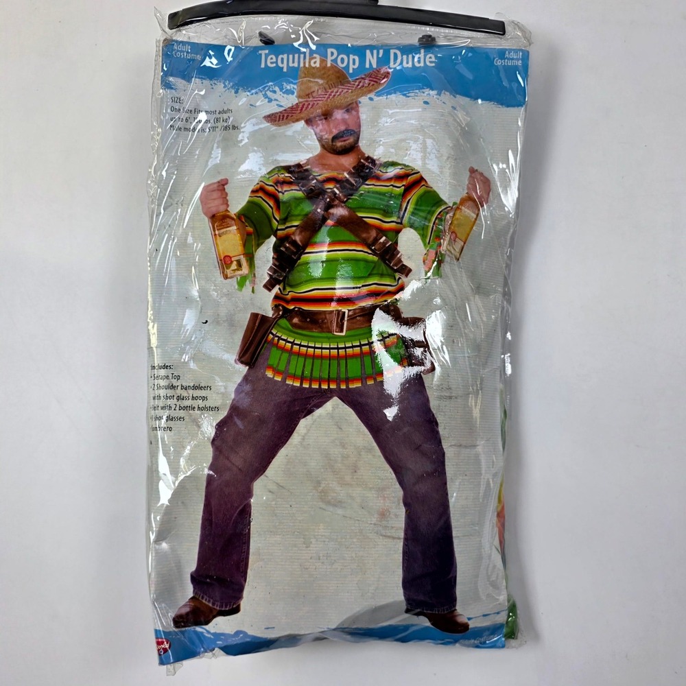 Tequila Pop N' Dude Costume Green Striped Serape Sombrero Bandoleers Party Set